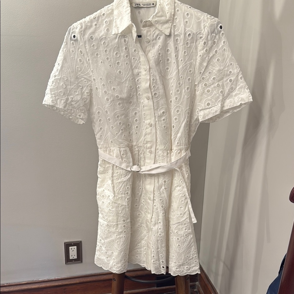Zara White Buttoned Tie Front Mini Dress